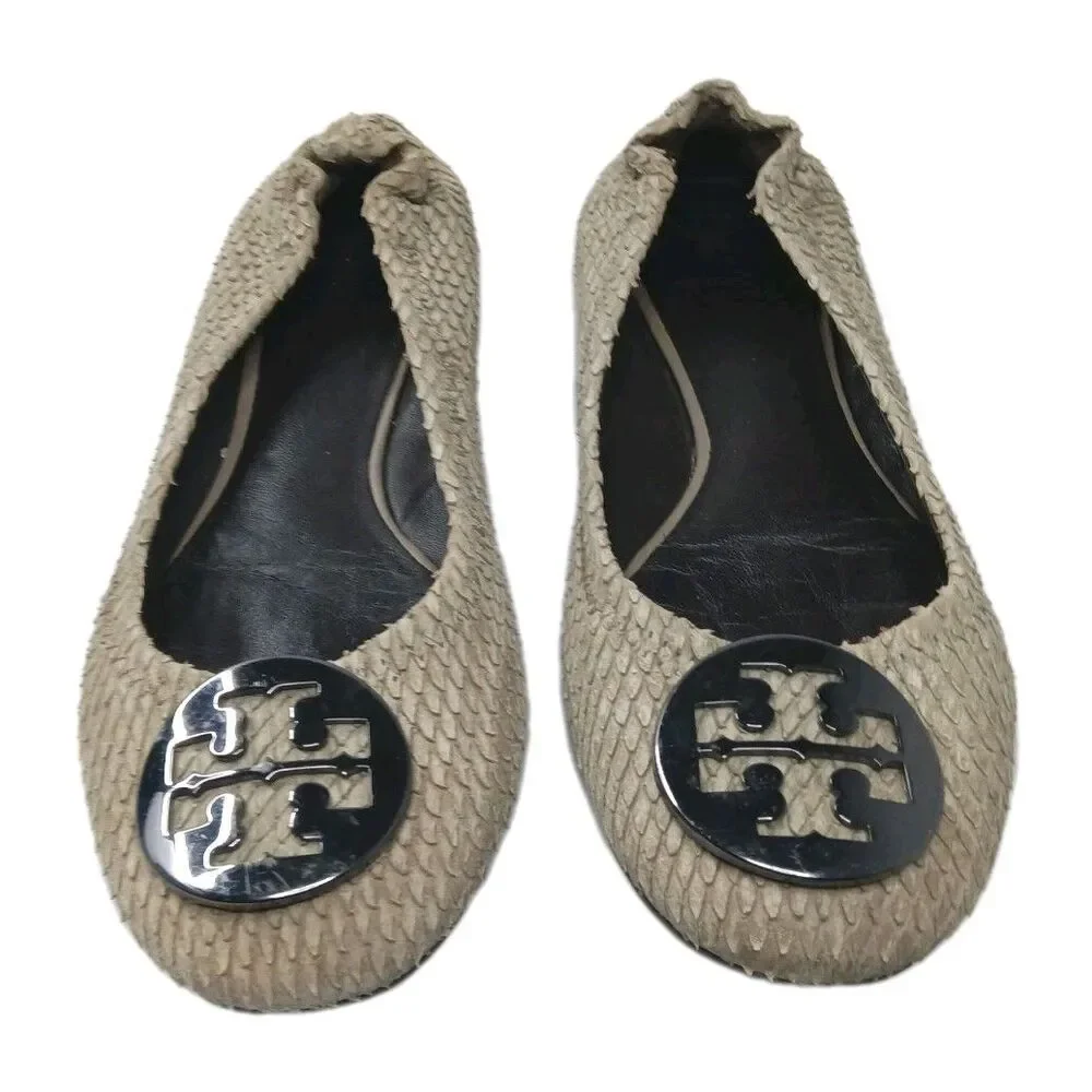 Tory Burch Reva Flats Shoes Women's Size 6.5 Gray Distress Leather  Python Print